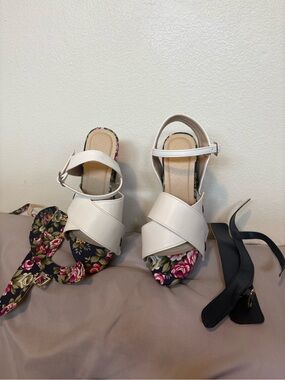 Classic White Crisscross Ankle Strap Heels with Floral Footbed